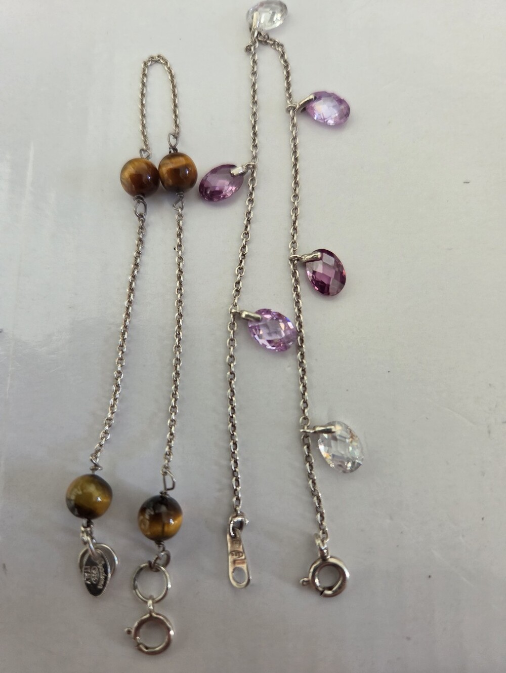 Sterling Silver 925 Chain Bracelet with Purple and Tiger Eye Beads Stones